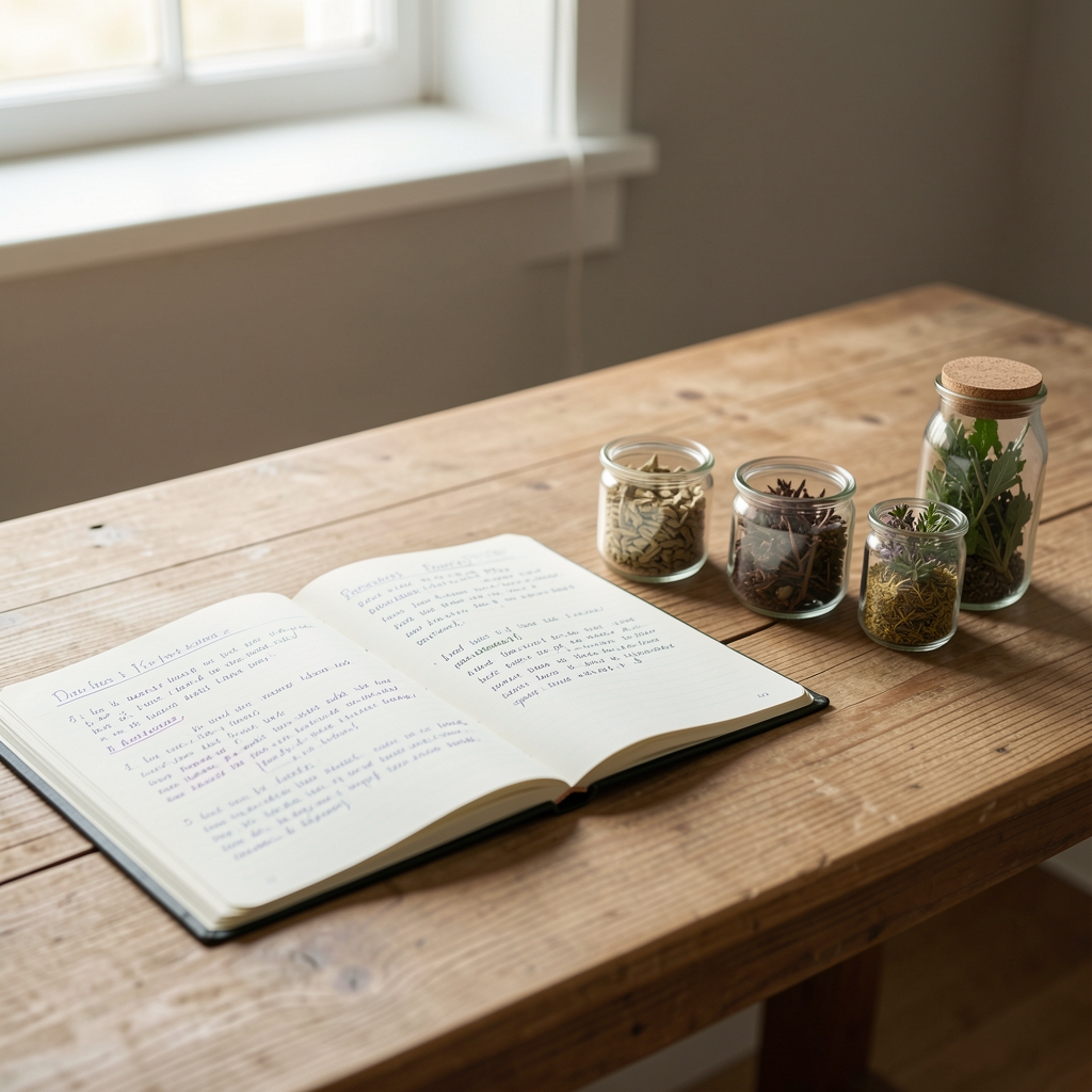 Open editorial notebook with handwritten formulation notes alongside small amber glass jars of botanical extracts arranged on a wooden desk under natural window light