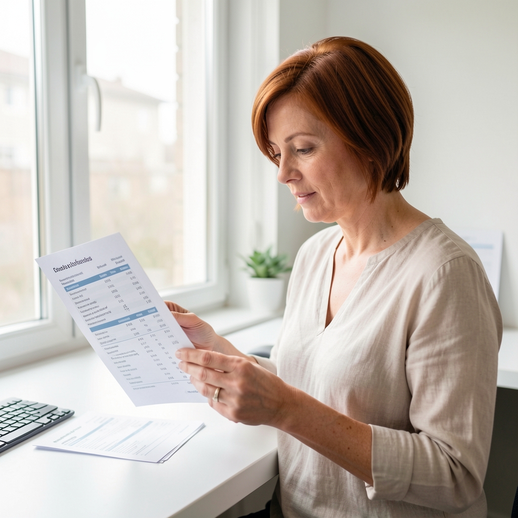 Candid photograph of a woman in her mid-30s with short auburn hair, reviewing printed nutritional data sheets at a bright clean workstation with natural daylight through a large window