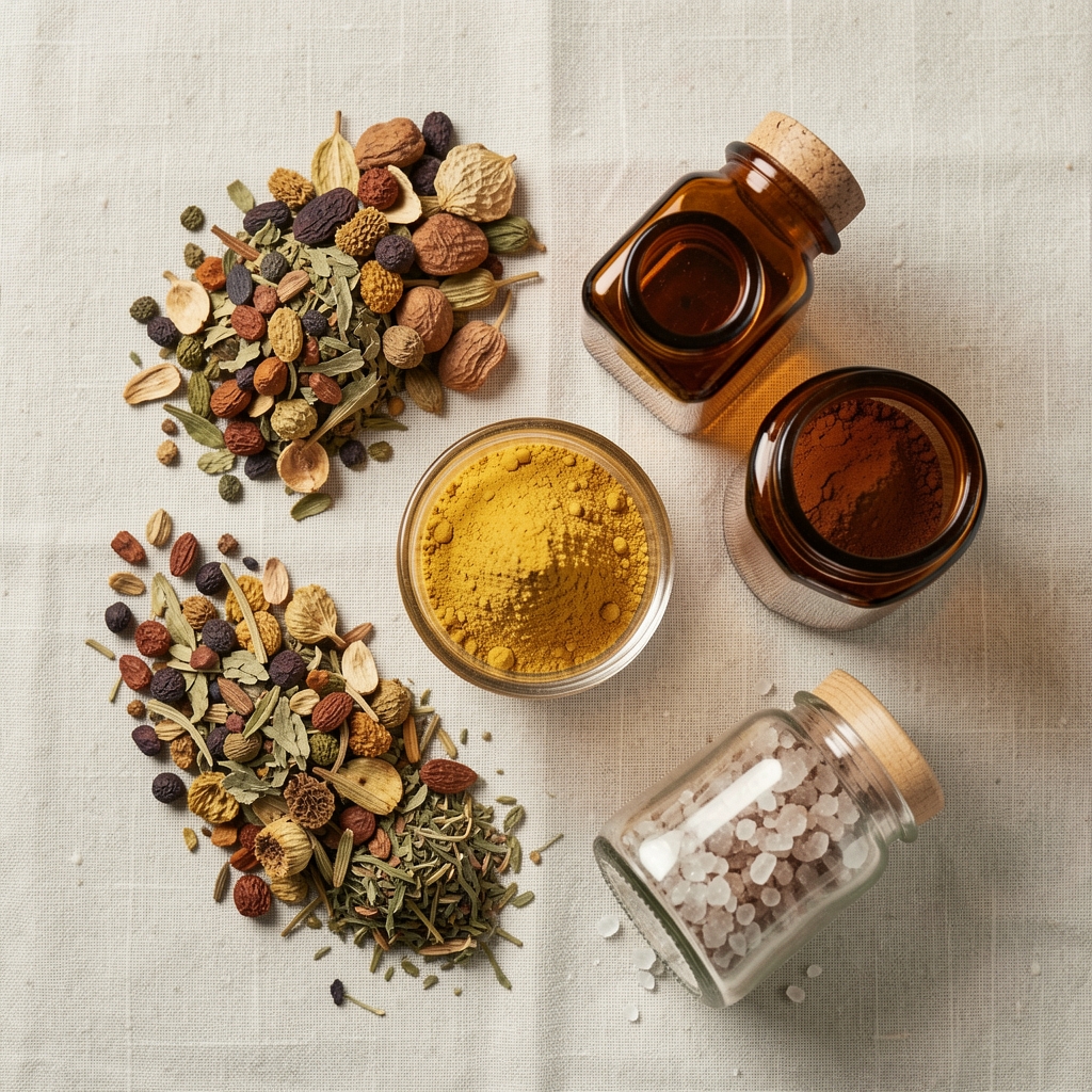 Flat-lay arrangement of natural supplement ingredients including dried botanical extracts, mineral powders and amber glass containers on a pale linen surface