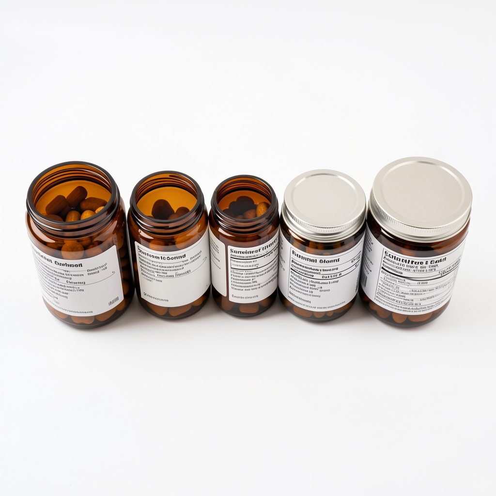Clean white surface displaying a row of amber-brown supplement serving jars with typed ingredient labels visible, photographed from above under bright studio lighting
