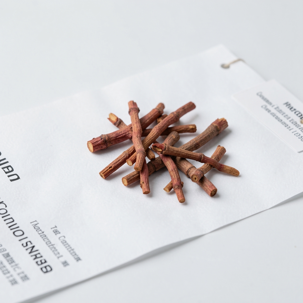 Small reddish-brown rhodiola rosea root pieces arranged on white laboratory paper with a botanical identification tag and sourcing certificate visible at the edge of the frame