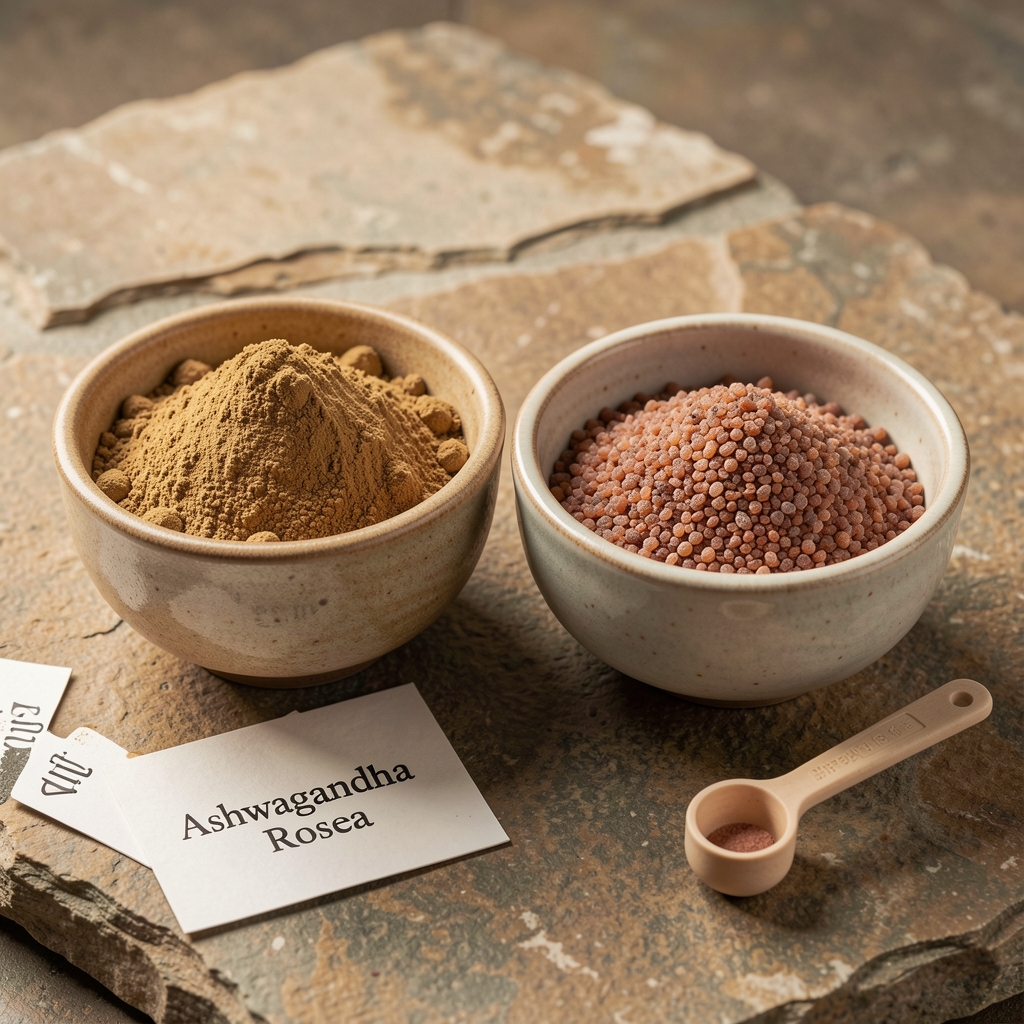 Two ceramic bowls side by side containing ashwagandha root powder and rhodiola rosea granules respectively, placed on a natural stone surface with ingredient cards and a small measuring spoon